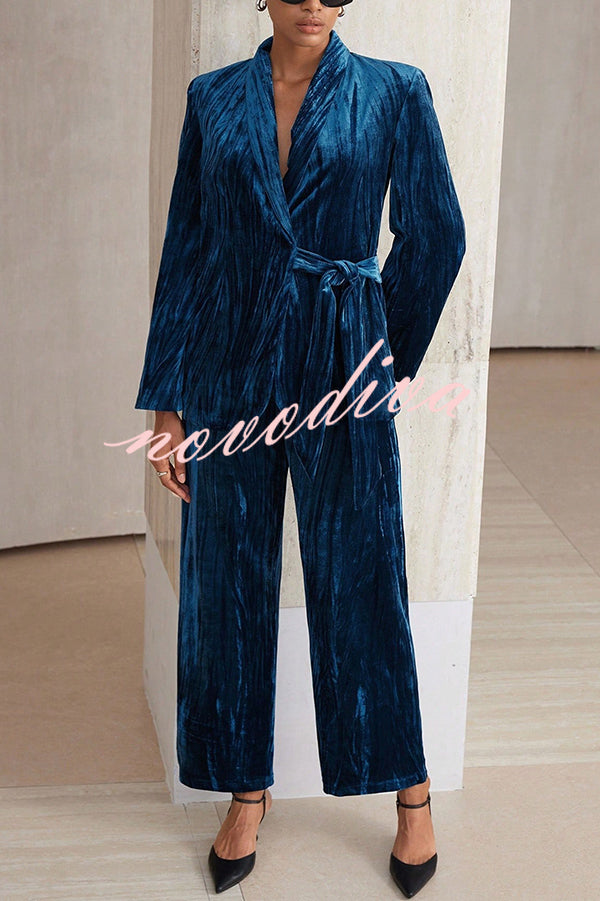 Solid Color Velvet Pleated Long-sleeved Tie Top and Casual Pocket Straight-leg Pants Set