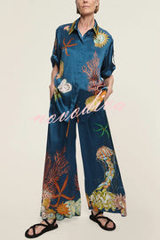 Linen Blend Unique Print Lapel Short Sleeve Shirt and Elastic Waist Loose Pocket Wide Leg Pants Set