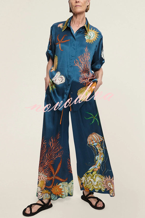 Linen Blend Unique Print Lapel Short Sleeve Shirt and Elastic Waist Loose Pocket Wide Leg Pants Set