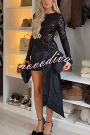 Forever New Sequin Long Sleeve Oversized Bow Drape Mini Dress