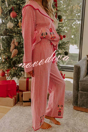 Nutcracker Charm Embroidered Gingham Loose Shirt and Elastic Waist Pajama Set