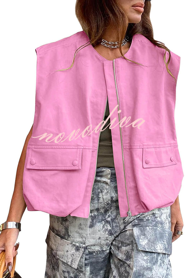 Fashion Zipper Sleeveless Pocket Loose Vest Jacket