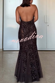 Twilight Gleam Sequin Textured Tulle Hem Halter Backless Maxi Dress