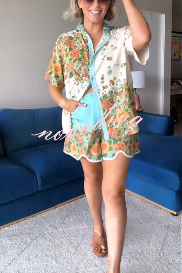 Retro Linen Blend Floral Print Shirt and High Rise Pocketed Slit Shorts Set