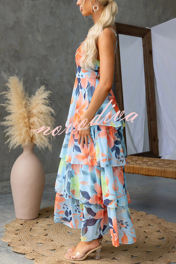 Dreamy Destiny Floral Print Elastic Back Tiered Maxi Dress