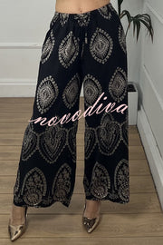 Unique Print Elastic Waist Casual Pocket Wide Leg Pants