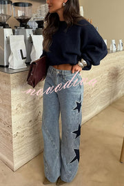Jessy Denim Mid Rise Side Star Pattern Pocket Wide Leg Jeans