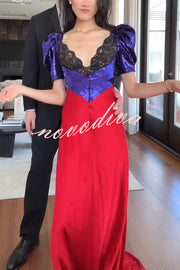 Like Snow White Sequin Lace Puff Sleeve Satin Hem Maxi Dress