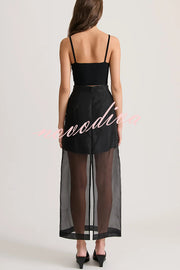 Embraces Modern Sheer Organza Pocket Oversized Tank and High Rise Slit Midi Skirt Set