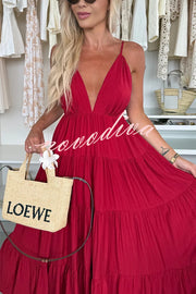 Bohemian Style V-neck Backless Slip Layered Vacation Maxi Dress