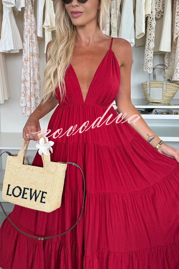 Bohemian Style V-neck Backless Slip Layered Vacation Maxi Dress