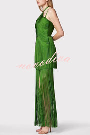 Sexy Halterneck Open Back Elegant Tassel Slim Maxi Dress
