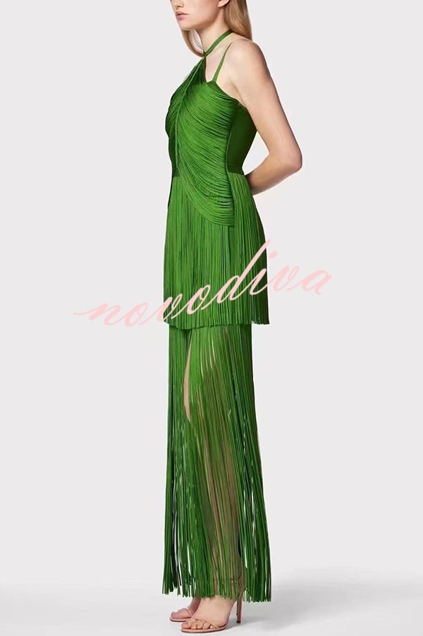 Sexy Halterneck Open Back Elegant Tassel Slim Maxi Dress