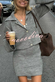 Fashion Lapel Bell Sleeve Knitted Cardigan and Casual Mini Skirt Set