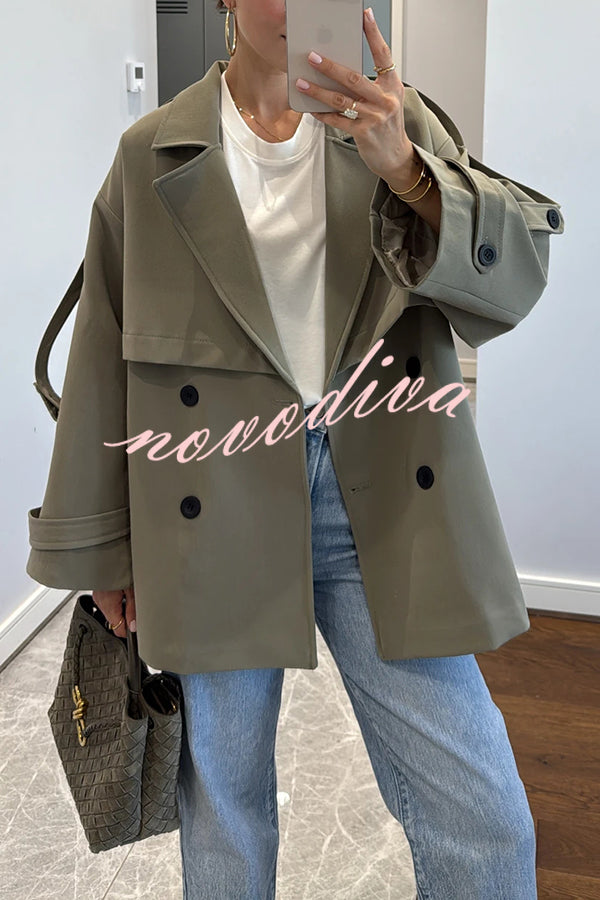 Modern Urban Dropped Shoulder Strap Button Detail Belted Lapel Loose Trench Coat