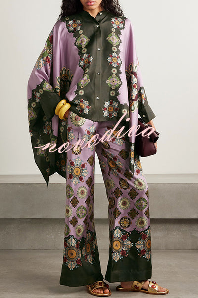 Satin Unique Print Loose Batwing Sleeve Top and Elastic Waist Pocket Casual Wide-leg Pants Set