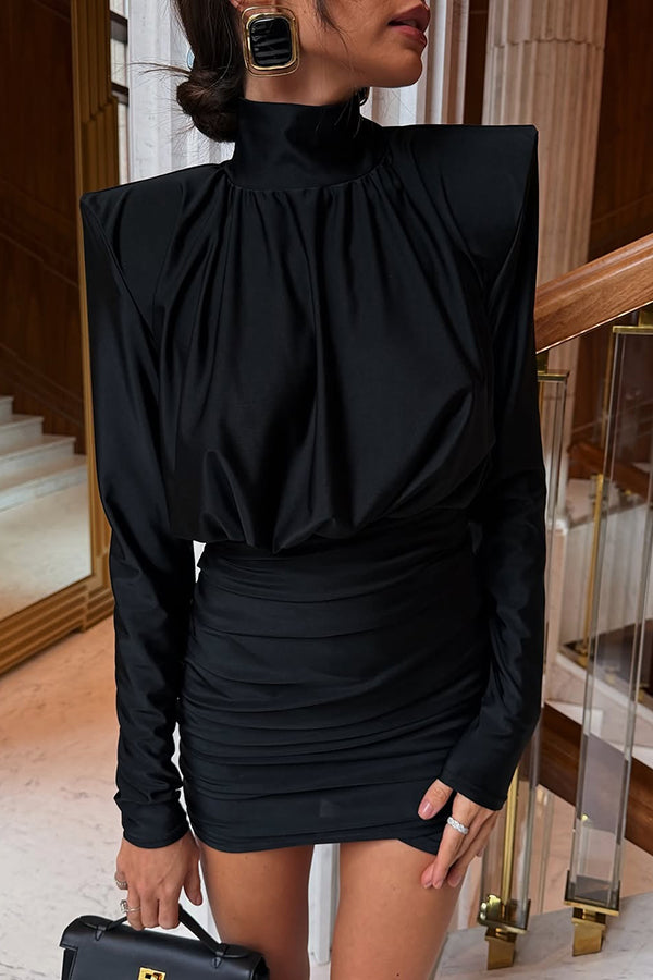 Stylish High-Neck Long-Sleeved Slim-Fit Pleated Mini Dress