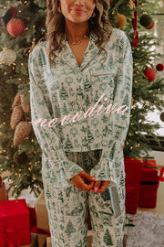 Christmas Night Satin Loose Shirt and Elastic Waist Pocketed Pajama Set