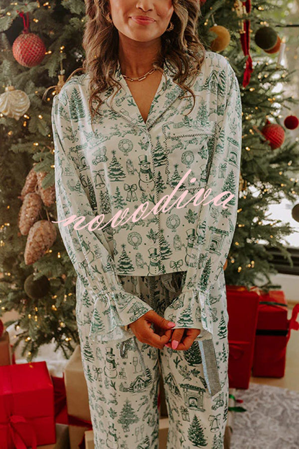 Christmas Night Satin Loose Shirt and Elastic Waist Pocketed Pajama Set