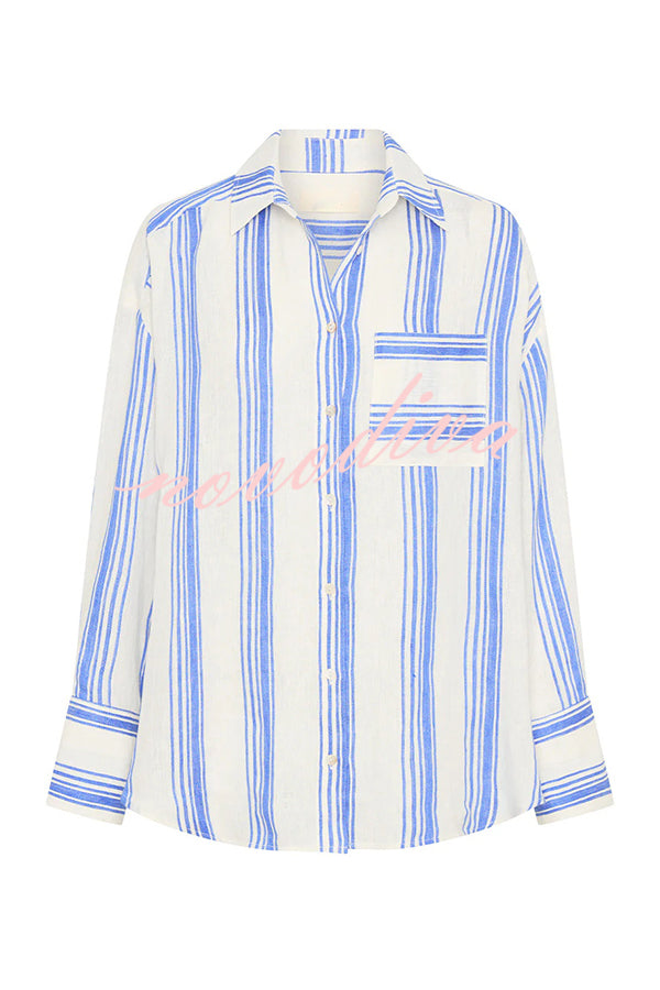 Stripe Print Lapel Long-sleeved Casual Shirt and Elastic Waist Loose Shorts Set