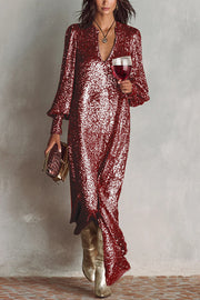 Minimalist Sparkling Sequin V-neck Long Balloon Sleeve Slit Party Maxi Dress