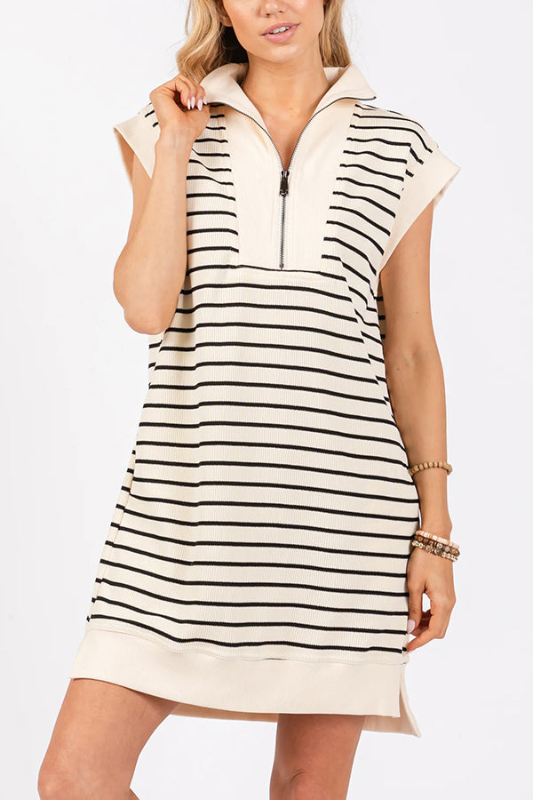 Striped Print Zipper Lapel Sleeveless Casual Mini Dress