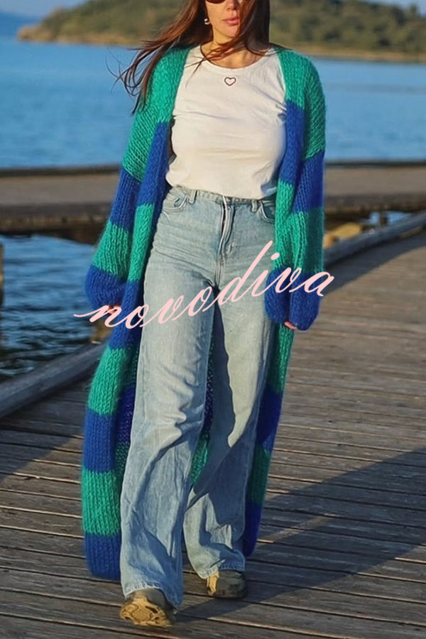 Fashionable Contrast Stripes Lazy Style Loose Long Knitted Cardigan