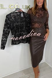 Chelsea Sheer Flower Sequin Detail Mock Neck Long Sleeve Stretch Top