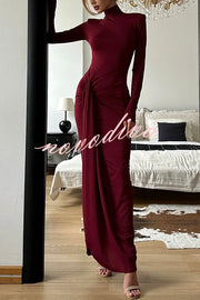 Luxe Silhouette High Neck Shoulder Pads Drape Stretch Maxi Dress