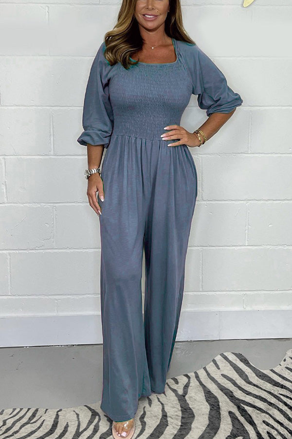 Casual and Comfortable Smocked Solid Color Wide Leg Jumpsuit