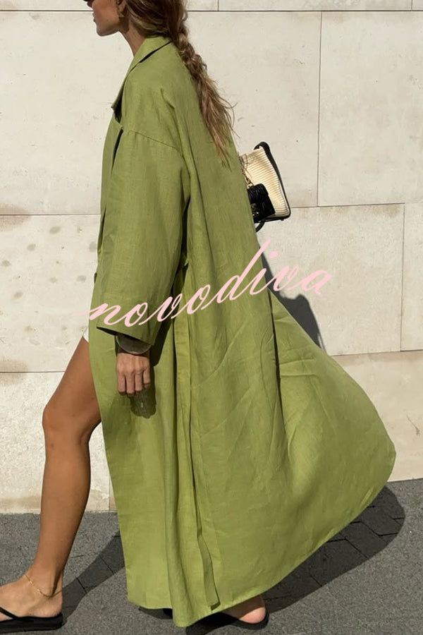 Linen Blend Solid Color Casual Lapel Tie Loose Maxi Dress