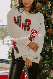 Merry Plaid Embroidered Bow Long-Sleeve Loose Sweatshirt