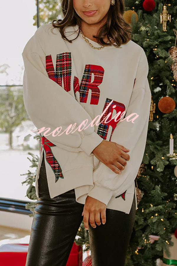 Merry Plaid Embroidered Bow Long-Sleeve Loose Sweatshirt