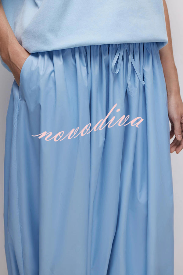 Solid Color Casual Pocket Elastic Waist Lantern Wide Leg Pants
