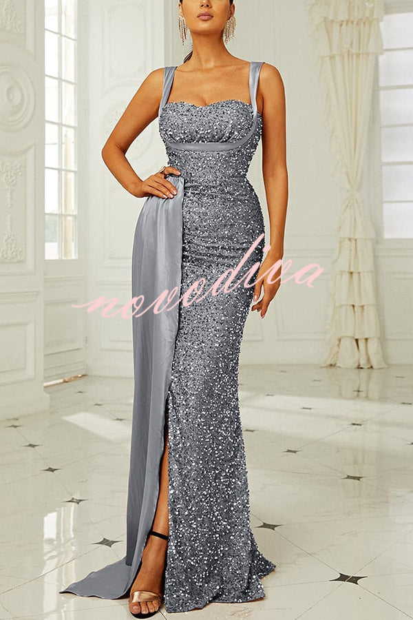 Banquet Sequined Backless Strappy Fishtail Maxi Dress