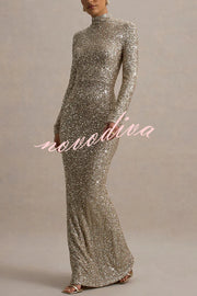 Galaxy Premium Sequin Turtle Neck Long Sleeve Maxi Dress