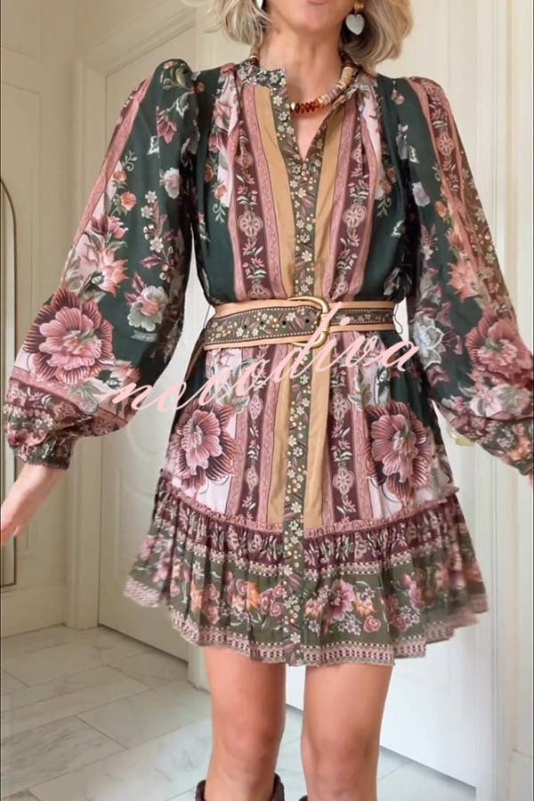 Brazilian Style Unique Floral Print Puff Sleeve Belted Pleated Hem Mini Dress