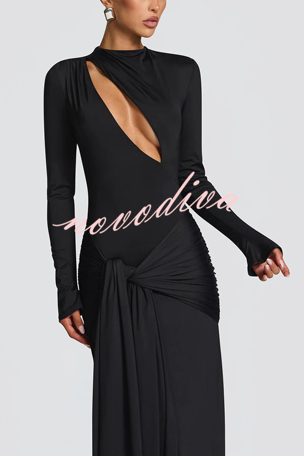 Sexy Cutout Fitted Long-sleeved Pleated Satin Ribbon Maxi Dresses