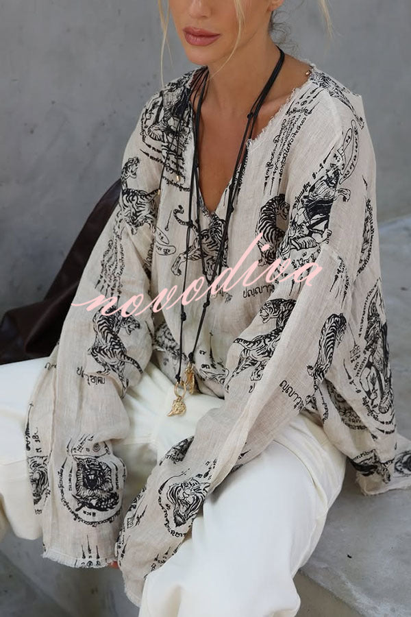 Natural Vibe Linen Blend Unique Print Long Sleeve Loose Shirt