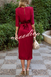 Satin Solid Color Round Neck Half Sleeve Waist Midi Dress