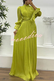 Ellah Shiny Fabric Chinese Stand Collar Twist Waist Balloon Sleeve Maxi Dress