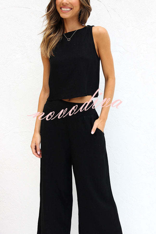 Khiara Basic Button Crop Top and Pocketed Pants Set