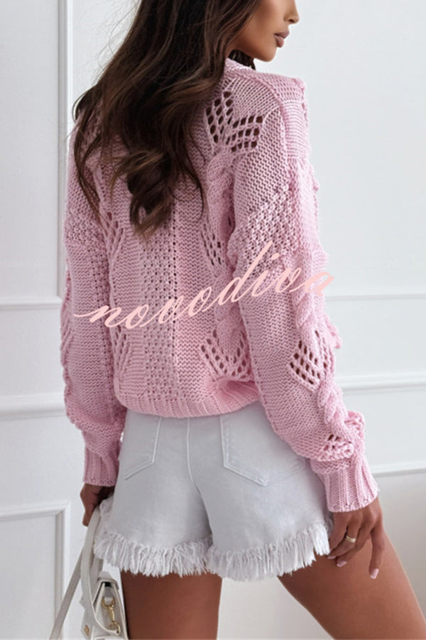 Fashion Hollow Long Sleeve V-neck Button Loose Knitted Cardigan