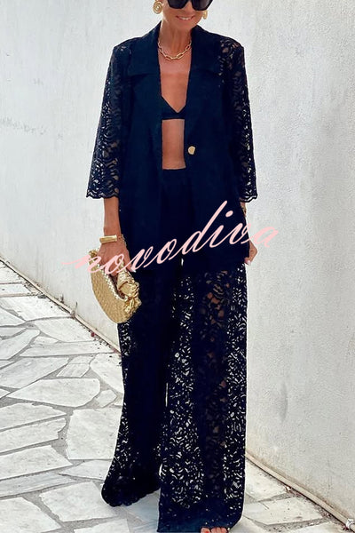 Seaside Nocturne Lace High Rise Elastic Waist Wide Leg Vacation Pants