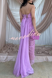 Julie Tulle Lace Trim Off Shoulder Ruched Back Lace-up Drape Slit Maxi Dress