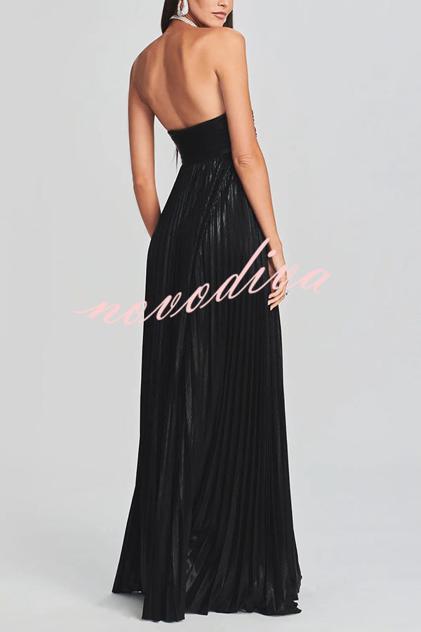 Metallic Sexy Tube Top Pleated High Slit Maxi Dress
