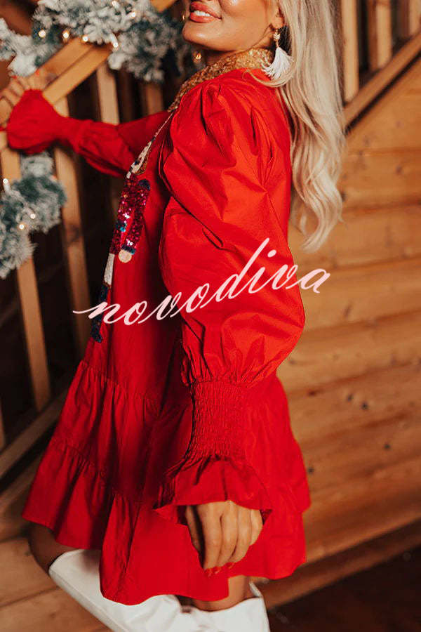 Nutcracker Sequined Button Down Long Sleeve Mini Dress