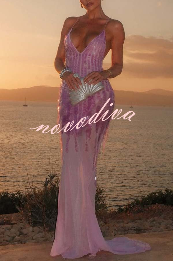 Perfect Night Sequin Embroidery Backless Drape Tulle Hem Slip Maxi Dress
