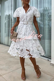 Absolutely Elegant Floral Crochet Lace Puff Sleeve Belted Shirt Midi Dress