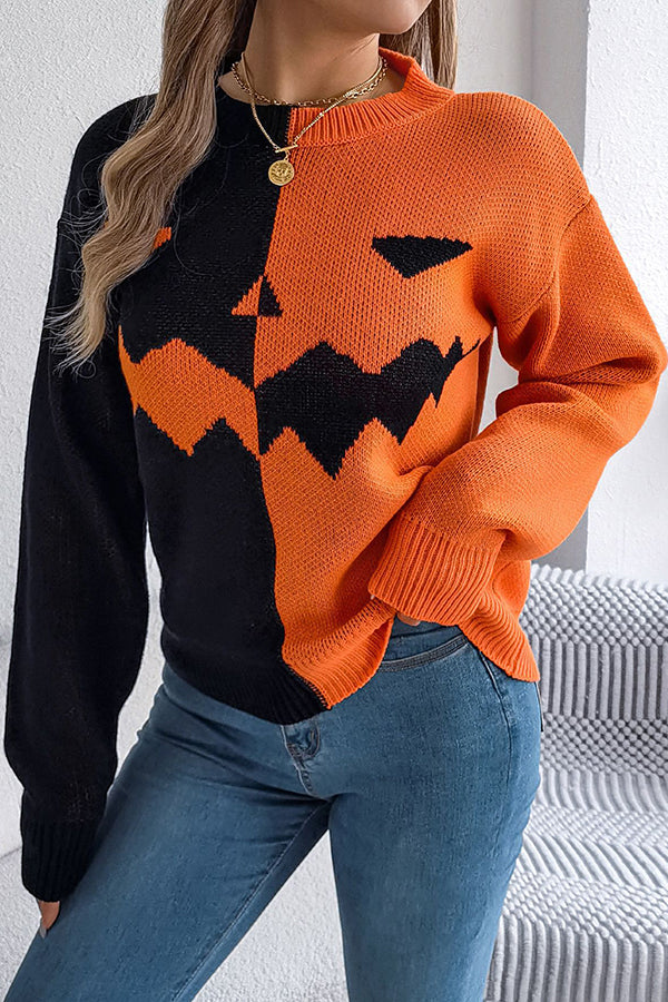 Halloween Pumpkin Contrast Color Long Sleeve Loose Sweater